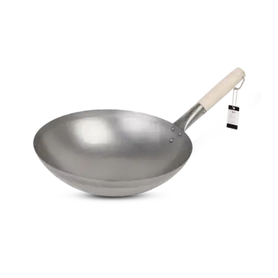 Steel wok with wooden handle